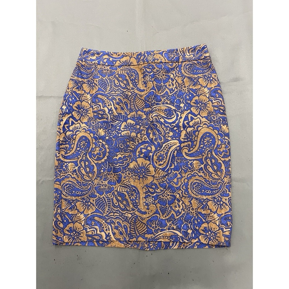 Ann Taylor Loft Paisley Blue Gold Pencil Skirt Rear Zip Women Size 0P